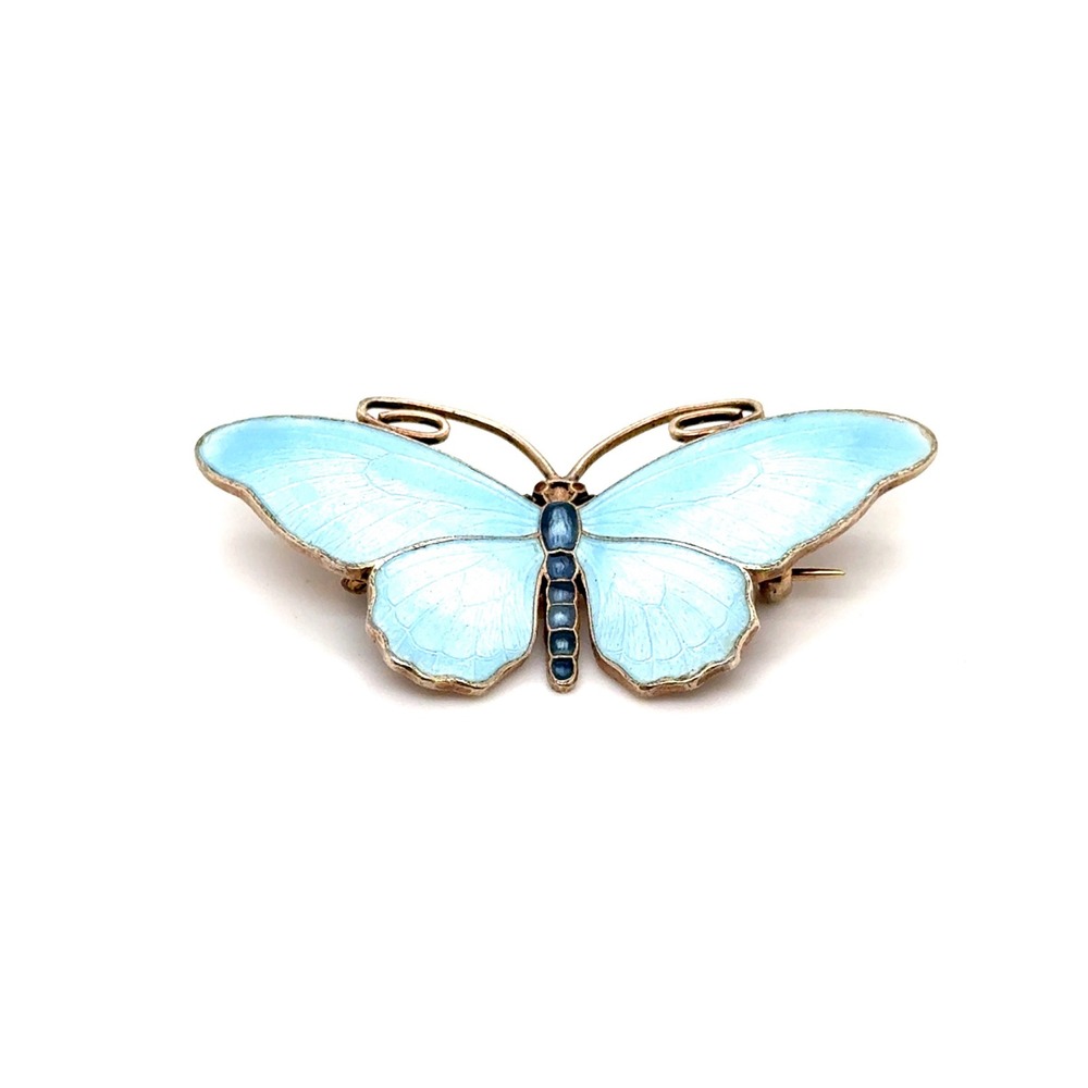 Vintage Sterling Silver Blue Guilloche Enamel Butterfly Brooch Pin 10.4g